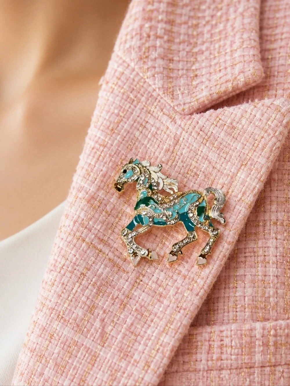 Teal Rhinestone Galloping Horse Brooch Western Equestrian Pin Whimsy Equine Gift